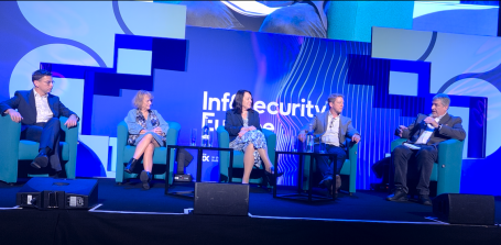Infosecurity Europe 2026 CyCOS panel in progress at Infosecurity Europe 2026: Richard Morrison-Butcher, Amanda Finch, Helen Barge, Simon Plummer and Steven Furnell.