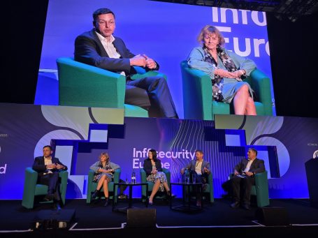 Infosecurity Europe 2026 Richard Morrison-Butcher and Amanda Finch in the spotlight during the CyCOS panel session at Infosecurity Europe 2026.